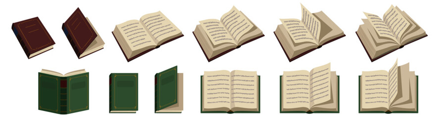 開いた本と閉じた本のベクターイラストレーション。背景は白。文字に特定の意味は無く、取り外し可能。