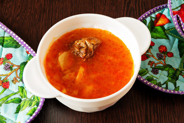 Cabbage soup from fresh cabbage with meat.