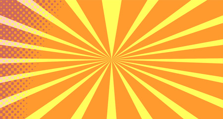 Vintage colorful comic book background. Orange blank bubbles of different shapes. Rays, radial, halftone, dotted effects. For sale banner empty Place for text 1960s. Copy space vector eps10.
