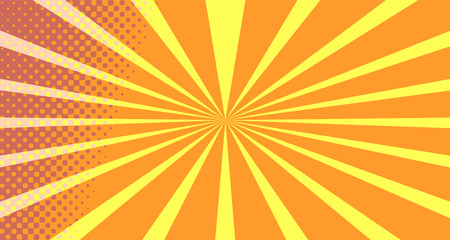 Vintage colorful comic book background. Orange blank bubbles of different shapes. Rays, radial, halftone, dotted effects. For sale banner empty Place for text 1960s. Copy space vector eps10.