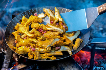 Pilzpfanne auf dem Grillfeuer
