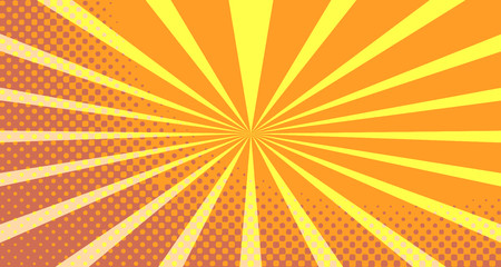 Vintage colorful comic book background. Orange blank bubbles of different shapes. Rays, radial, halftone, dotted effects. For sale banner empty Place for text 1960s. Copy space vector eps10.