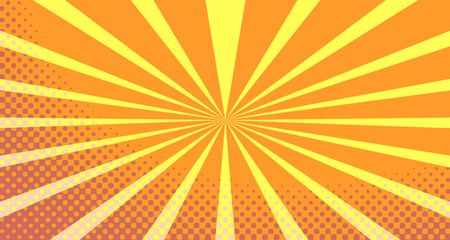 Vintage colorful comic book background. Orange blank bubbles of different shapes. Rays, radial, halftone, dotted effects. For sale banner empty Place for text 1960s. Copy space vector eps10.