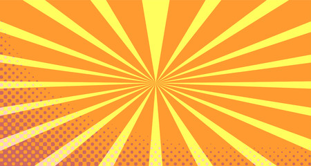 Vintage colorful comic book background. Orange blank bubbles of different shapes. Rays, radial, halftone, dotted effects. For sale banner empty Place for text 1960s. Copy space vector eps10.