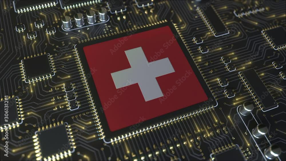 Poster flag of switzerland on the operating chipset. swiss information technology or hardware development r