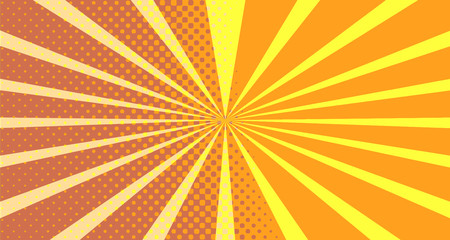 Vintage colorful comic book background. Orange blank bubbles of different shapes. Rays, radial, halftone, dotted effects. For sale banner empty Place for text 1960s. Copy space vector eps10.