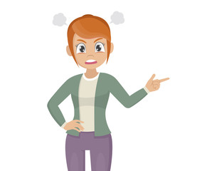 woman in a bad mood is shouting and pointing her finger.