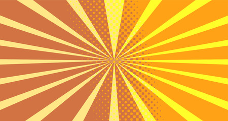 Vintage colorful comic book background. Orange blank bubbles of different shapes. Rays, radial, halftone, dotted effects. For sale banner empty Place for text 1960s. Copy space vector eps10.