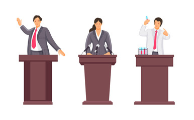 Public speaker, lecturer, orator speak from rostrum with microphones. Public speaking businessman, leader, woman, researcher with test tubes. Presentation, conference cartoon vector illustration