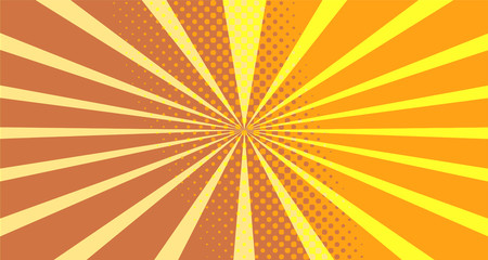 Vintage colorful comic book background. Orange blank bubbles of different shapes. Rays, radial, halftone, dotted effects. For sale banner empty Place for text 1960s. Copy space vector eps10.