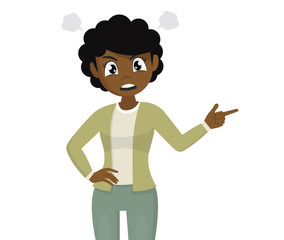 African woman in a bad mood is shouting and pointing her finger.