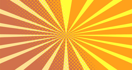 Vintage colorful comic book background. Orange blank bubbles of different shapes. Rays, radial, halftone, dotted effects. For sale banner empty Place for text 1960s. Copy space vector eps10.