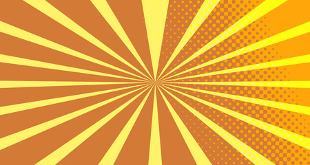 Vintage colorful comic book background. Orange blank bubbles of different shapes. Rays, radial, halftone, dotted effects. For sale banner empty Place for text 1960s. Copy space vector eps10.