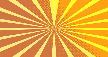 Vintage colorful comic book background. Orange blank bubbles of different shapes. Rays, radial, halftone, dotted effects. For sale banner empty Place for text 1960s. Copy space vector eps10.