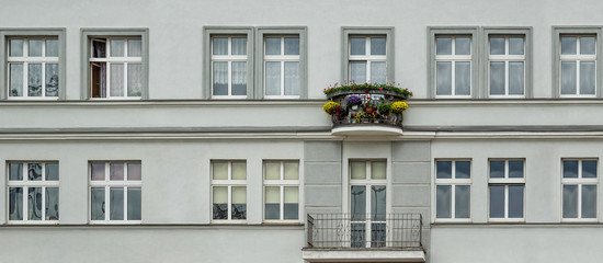 Gdynia; Poland; architecture; classic; wall; facade; balcony; window; frame; glass; flowers;...