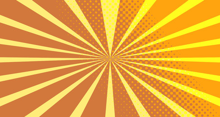 Vintage colorful comic book background. Orange blank bubbles of different shapes. Rays, radial, halftone, dotted effects. For sale banner empty Place for text 1960s. Copy space vector eps10.