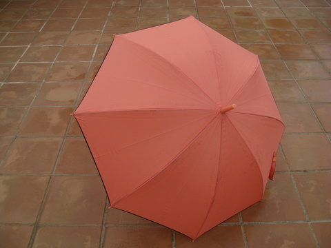 lluvia y clima de otoño continental, paraguas abierto rosa (color salmón) grande, femenino sobre suelo de baldosas de color teja, mojados tras llluvia