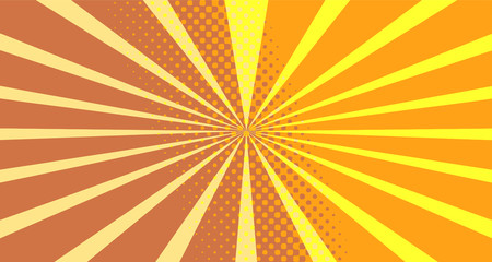 Fototapeta premium Vintage colorful comic book background. Orange blank bubbles of different shapes. Rays, radial, halftone, dotted effects. For sale banner empty Place for text 1960s. Copy space vector eps10.