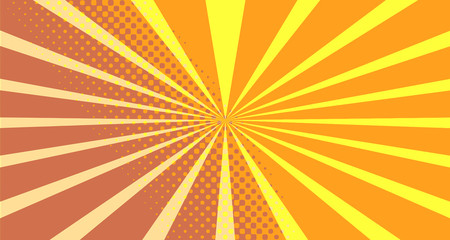Fototapeta premium Vintage colorful comic book background. Orange blank bubbles of different shapes. Rays, radial, halftone, dotted effects. For sale banner empty Place for text 1960s. Copy space vector eps10.