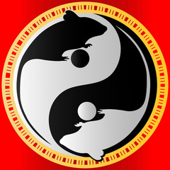 Chinese New Year Of The Rat 2020. Vector design. Gold picture frame with YinYang in the center and rats on a red background.