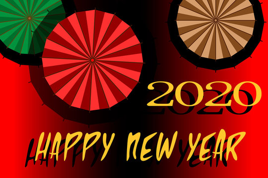 The new year 2020. Vector design. Image of Chinese umbrellas. Poster and flyer for the winter holidays.