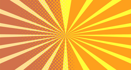 Vintage colorful comic book background. Orange blank bubbles of different shapes. Rays, radial, halftone, dotted effects. For sale banner empty Place for text 1960s. Copy space vector eps10.
