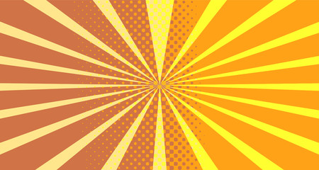 Obraz premium Vintage colorful comic book background. Orange blank bubbles of different shapes. Rays, radial, halftone, dotted effects. For sale banner empty Place for text 1960s. Copy space vector eps10.