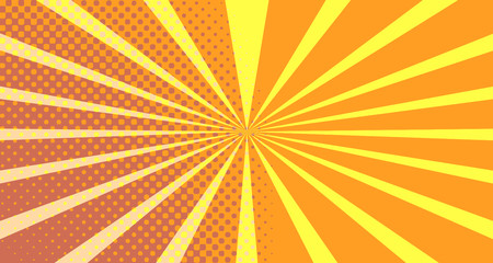 Obraz premium Vintage colorful comic book background. Orange blank bubbles of different shapes. Rays, radial, halftone, dotted effects. For sale banner empty Place for text 1960s. Copy space vector eps10.