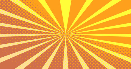 Vintage colorful comic book background. Orange blank bubbles of different shapes. Rays, radial, halftone, dotted effects. For sale banner empty Place for text 1960s. Copy space vector eps10.