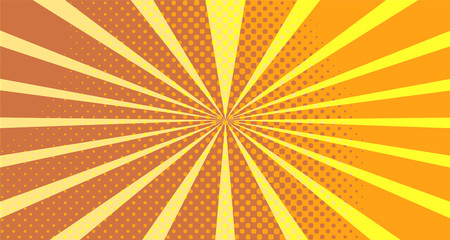Vintage colorful comic book background. Orange blank bubbles of different shapes. Rays, radial, halftone, dotted effects. For sale banner empty Place for text 1960s. Copy space vector eps10.