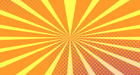 Vintage colorful comic book background. Orange blank bubbles of different shapes. Rays, radial, halftone, dotted effects. For sale banner empty Place for text 1960s. Copy space vector eps10.