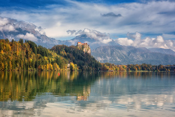 Famous alpine Bled lake (Blejsko jezero) in Slovenia, amazing autumn landscape. Aerial view of the...