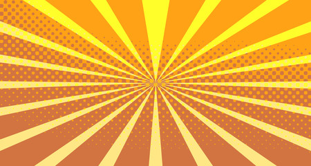 Obraz premium Vintage colorful comic book background. Orange blank bubbles of different shapes. Rays, radial, halftone, dotted effects. For sale banner empty Place for text 1960s. Copy space vector eps10.