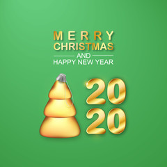 Vector 2020 Golden text. 3D Stylized Christmas Tree Ball. Merry Christmas and Happy New Year Shiny poster. Conical fir icon for Xmas Holidays.