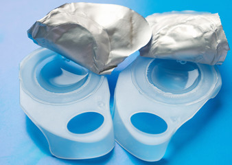 Blister pack of new soft contact lenses. Close-up, selective focus.