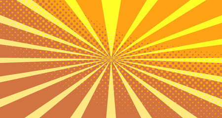 Vintage colorful comic book background. Orange blank bubbles of different shapes. Rays, radial, halftone, dotted effects. For sale banner empty Place for text 1960s. Copy space vector eps10.