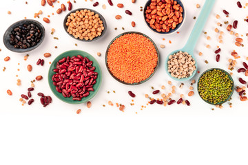 Pulses. Legumes assortment on a white background, shot from the top with a place for text. Vibrant colorful beans, lentils, chickpeas, soybeans, a flat lay banner with copyspace