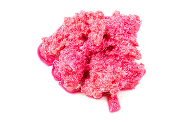 Red horseradish root sauce isolated on a white background. Spicy red grated horseradish seasoning for food. Red horseradish sauce with beetroot isolated, top view. Vegetarianism, healthy eating.