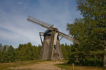  original historic wooden windmill in the Polish open-air museum in autumn