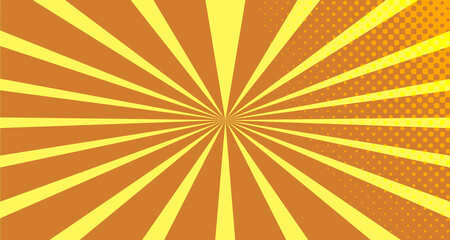 Fototapeta premium Vintage colorful comic book background. Orange blank bubbles of different shapes. Rays, radial, halftone, dotted effects. For sale banner empty Place for text 1960s. Copy space vector eps10.