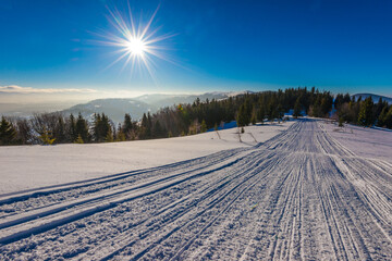 Obraz premium ATV and ski tracks in snow on frosty winter day