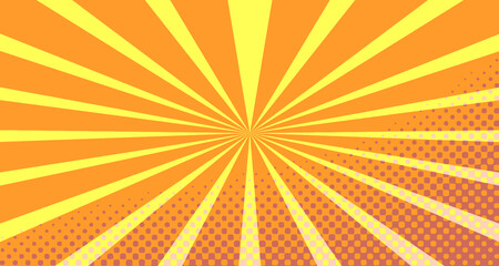 Vintage colorful comic book background. Orange blank bubbles of different shapes. Rays, radial, halftone, dotted effects. For sale banner empty Place for text 1960s. Copy space vector eps10.