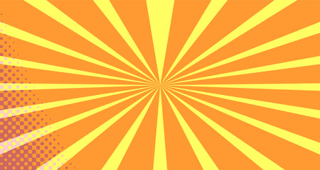 Fototapeta premium Vintage colorful comic book background. Orange blank bubbles of different shapes. Rays, radial, halftone, dotted effects. For sale banner empty Place for text 1960s. Copy space vector eps10.