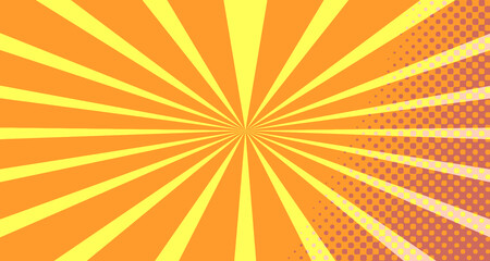Vintage colorful comic book background. Orange blank bubbles of different shapes. Rays, radial, halftone, dotted effects. For sale banner empty Place for text 1960s. Copy space vector eps10.