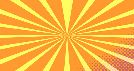 Vintage colorful comic book background. Orange blank bubbles of different shapes. Rays, radial, halftone, dotted effects. For sale banner empty Place for text 1960s. Copy space vector eps10.