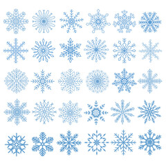 Flat snowflakes. Winter snowflake crystals, christmas snow shapes and frosted cool blue icon, cold xmas season frost snowfall decoration. Vector isolated symbol set