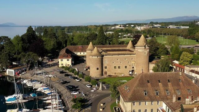 Apporaching Morges Castle at Lake Geneva, Morges, Vaud, Switzerland