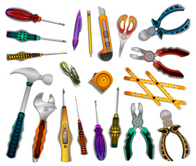  Multicolored various construction tools.  View from above. Isolated on white background. 