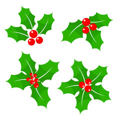 Red Christmas holly berry decor set on white, stock vector illustration