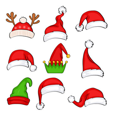 Christmas holiday hat. Funny elf, snow reindeer and Santa Claus hats wearing for noel sign. Elves fur cap clothes, decoration xmas costume cartoon isolated vector icon set